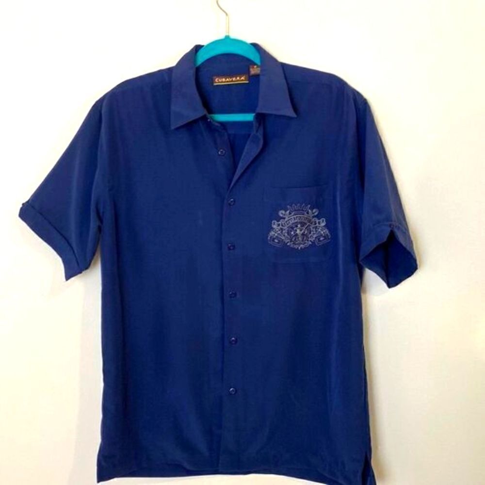 Shirt Men's Size M Cubavera Collared Casual Button Embroidered Pocket  Dark Blue